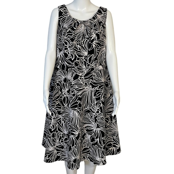 Alyx Sz 16W Black Ivory Abstract Floral Sleeveless A Line Midi Dress - Picture 1 of 11